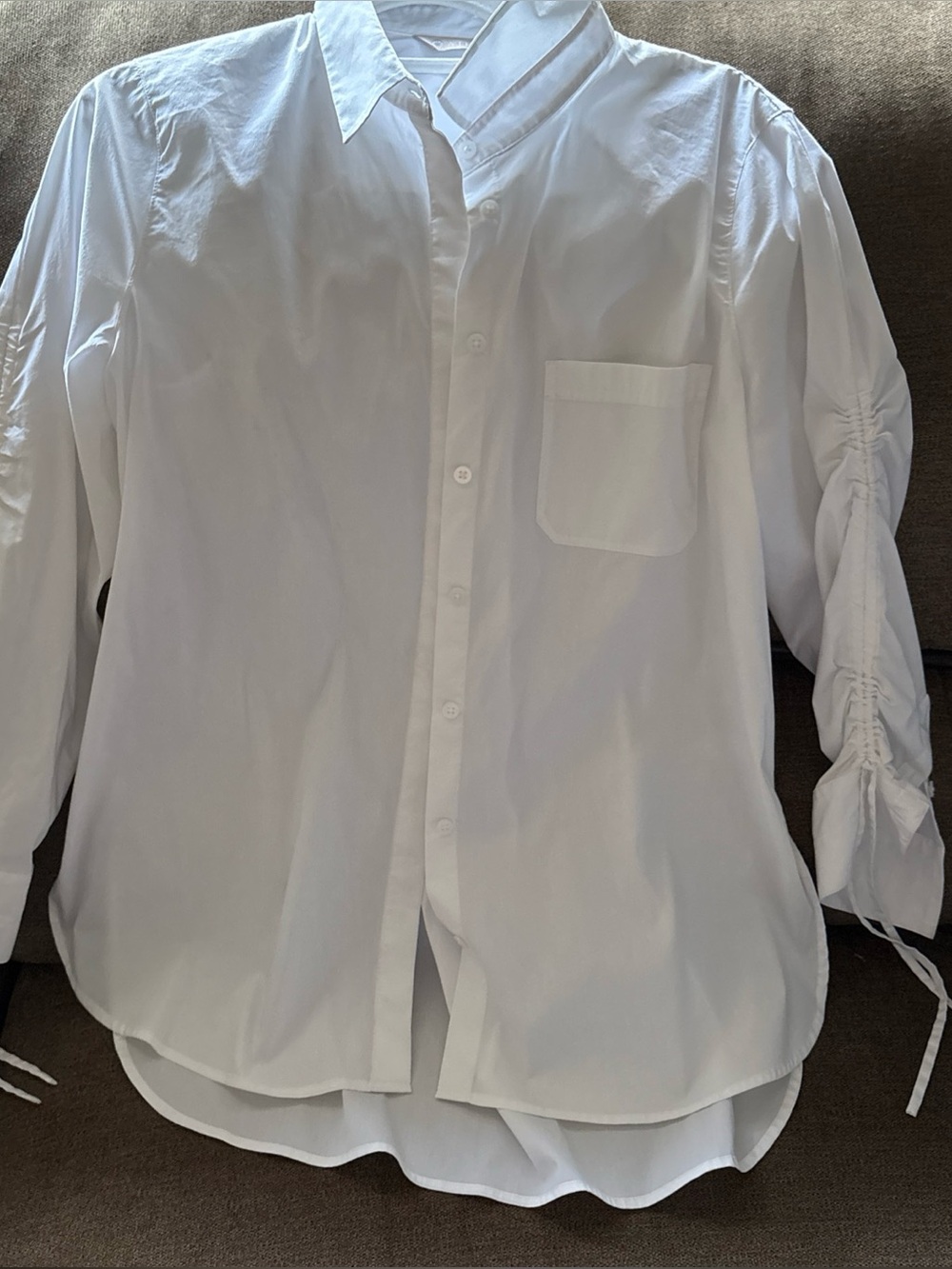 Athleta Womens White Ruched Sleeve Button Down Shirt Travel Career Chic Size M